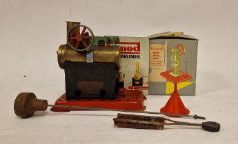 Mamod stationary steam engine on red Meccano base, a Mamod model power press, boxed