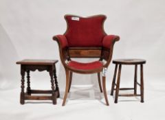 Edwardian mahogany armchair having red upholstered seat, back and arms, raised on splayed legs, 97cm