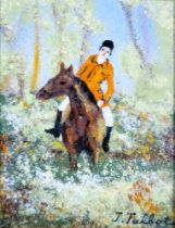 J Talbot Enamel on copper plate Huntswoman on horseback in woodland, signed lower right, image