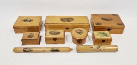Collection of mauchline ware boxes and containers and other related items, including a West Bay