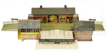 Large quantity of Hornby tinplate buildings to include No.4 Ripon station, 2 x No. 2e Windsor
