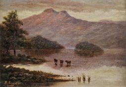 B Allerton Oil on board Cattle standing in water at lake shoreline at sunset, mountain in