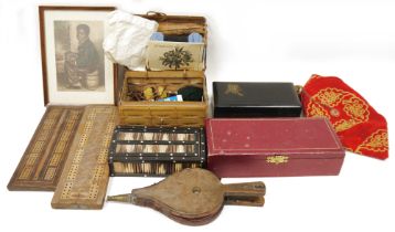 Assorted collectables including a pair of late 19th century wood and leather bellows, a red