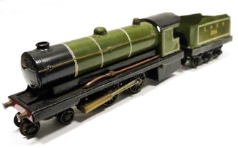 Possibly Bowman 0 gauge live steam spirit-fired '4-4-0' locomotive and six wheel tender in green and