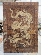 Large Japanese embroidered silk and cotton panel, circa 1930, depicting four scrolling three-