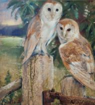Seija Wentworth (20th century) Pastel "Two Hoots", study of two barn owls perched on gate/fence