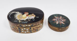 20th century Chinese cloisonne enamel lidded trinket pot of oval form, scene to the lid of a