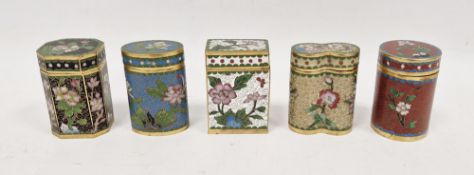 Five 20th century Chinese small cloisonne cylindrical containers and covers, of rectangular, oval,