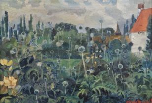 D H Waterfield (1908-1971) Oil on canvas Flowering garden scene with dwelling, signed lower right,