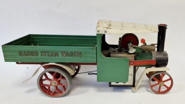 Mamod live steam wagon, green painted with cream canopy