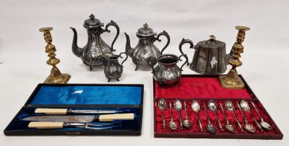 Quantity of plated coffee and teapots, set of 12 Spanish silver-plated teaspoons with ornate handles