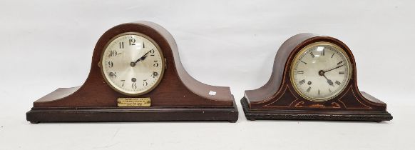 20th century Napoleon hat-style mantel clocks, one with presentation plaque dated 1930, the other re