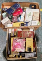 Two boxes of perfumes, predominantly boxed, including Yves St Laurent, Fendi, Kenzo, Chanel (some