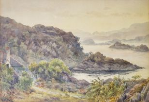 C Rooke Watercolour Lakeside landscape, possibly a Scottish loch, with dwelling in foreground and