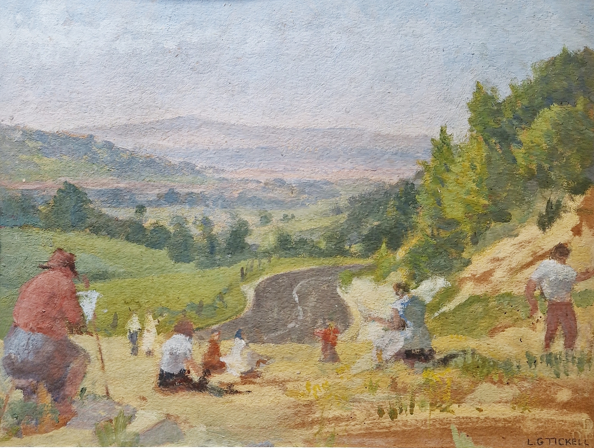 L G Tickell (20th century) Oil on card "The Sketching Class", signed lower right, 25.5cm x 33cm,