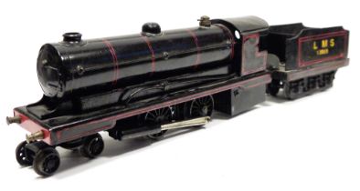 Possibly Bowman O gauge live steam 4-4-0 locomotive and six wheel tender with black and red double