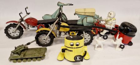Tinplate model scooter, red and black painted model motorbike, Michelin man on bike and other models