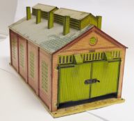Hornby 0 Gauge No 2 engine shed, with yellow ridge tiles, 8 chimneys/vents, green base, printed