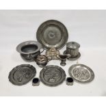 Assorted pewter and metalware, including: a Victorian engine-turned biscuit barrel on fixed stand