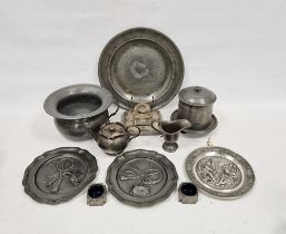 Assorted pewter and metalware, including: a Victorian engine-turned biscuit barrel on fixed stand