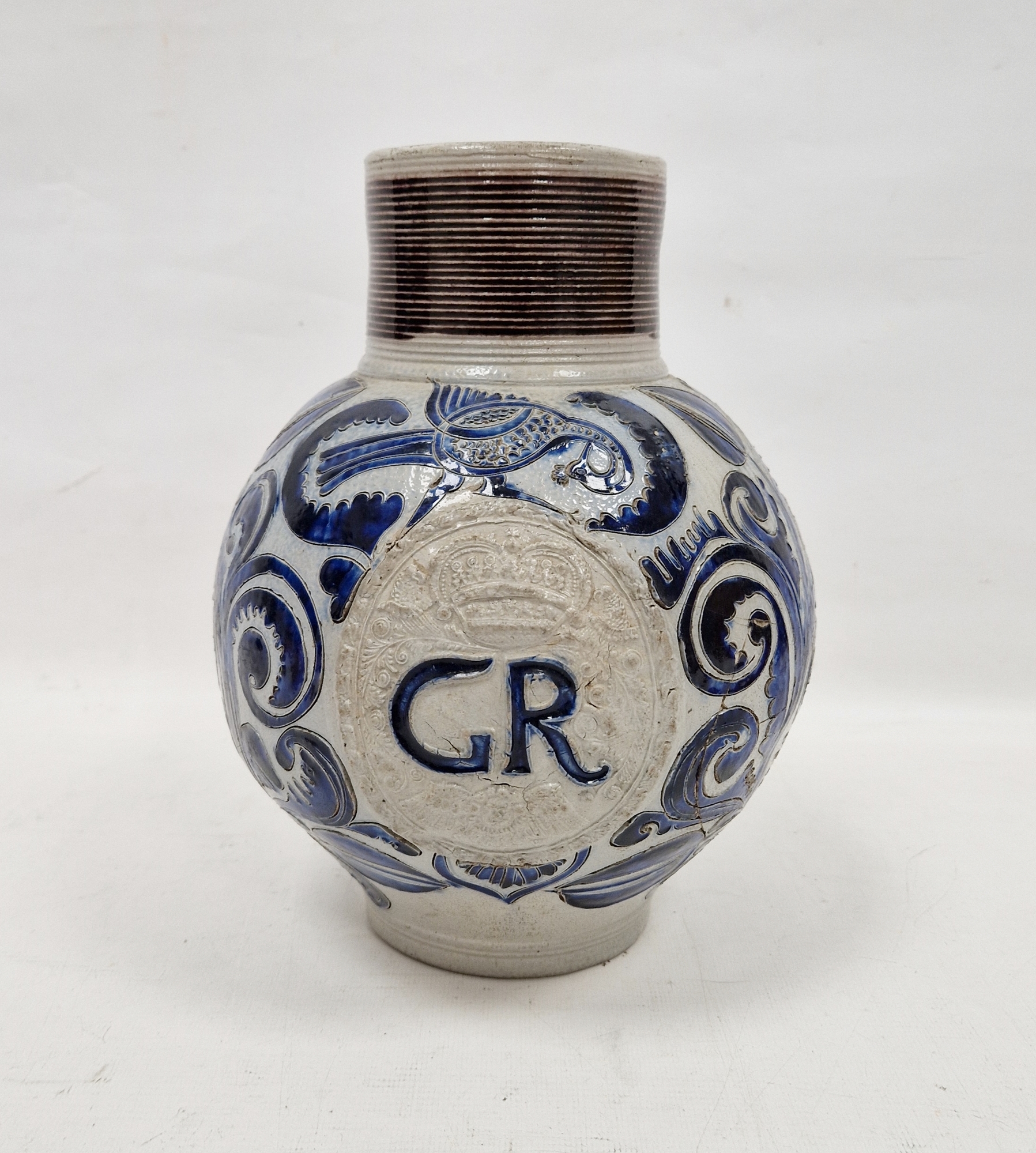 Westerwald stoneware royal monogrammed jug, first half of the 18th century, moulded with crowned - Image 2 of 14