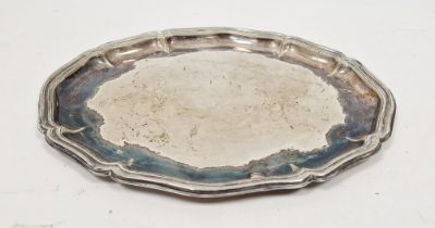 Foreign silver coloured metal oval tray, serpentine moulded edge, marked 835WB, 11.5ozt.