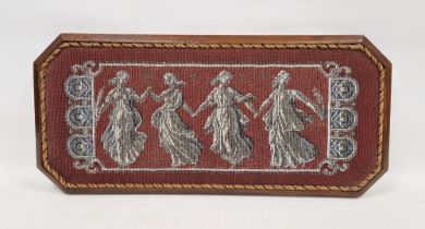 Edwardian canted rectangular wooden trivet mounted with a glass beadwork picture, depicting four