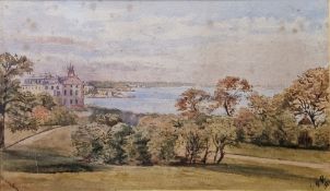 Helen Hamilton (19th century) Watercolour Coastal view over looking parkland with house beyond,