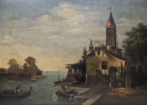 Circle of Marieschi Oil on canvas Coastal scene with foreground depicting figures in boats beside