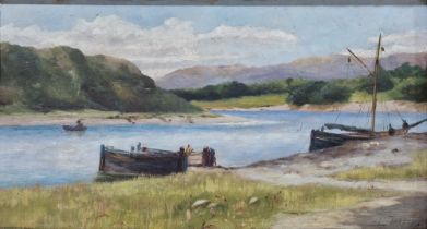 L Trevor Oil on panel River landscape with boats moored, signed lower right, framed, 19cm x 35cm,