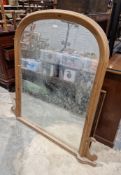 20th century pine arched frame overmantel mirror, 118cm x 116cm