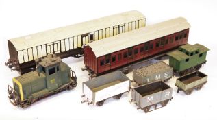 Two boxes of mainly O gauge scrap-built goods rolling stock to include open wagons, brake car,