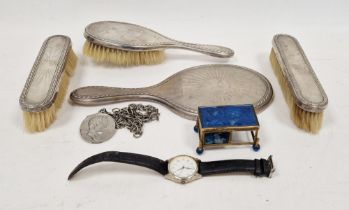 Silver backed dressing table set with sunray turning and ribbon and thread border, to include hand