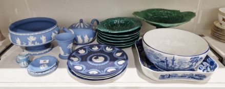 Collection of Wedgwood blue Jasperware, 1900 and later, impressed marks, comprising a miniature jug,