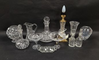 Assorted glassware, including: a gilt metal cut glass table lamp base, a pair of cruet bottles, a