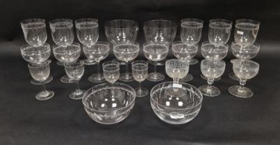 Assorted glass tableware including: an Edwardian etched table service, comprising six large glasses,