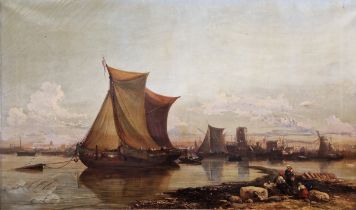 James Webb (c.1825-1895) Oil on canvas Harbour scene with moored boats, women and a child in