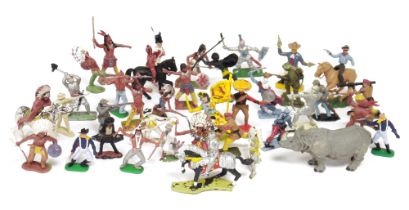 Quantity of Britains and Crescent plastic figures of native Americans, knights, cowboys, soldiers