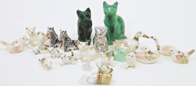 Assorted stone, metal and pottery miniature models of animals and birds, including a graduated group