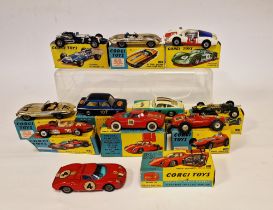 Quantity of playworn Corgi Toys with boxes (flap cut) to include 2 X 312 'E' Type Jaguar competition