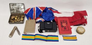 Minox 35 EL camera, military brass buttons, penknife, Union Jack flag etc.