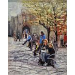 R Jackson Oil on board Street scene with figures, signed lower right, 50cm x 39.5cm