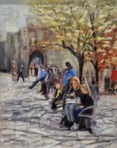 R Jackson Oil on board Street scene with figures, signed lower right, 50cm x 39.5cm