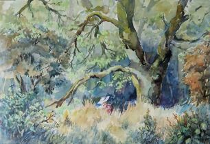 Cynthia Bezance (20th century) Watercolour "The Hat", figure with hat in woodland, signed lower