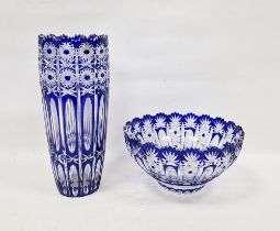 20th century Bohemian blue flashed and engraved bowl, 24cm, and a tapering vase, height 31.5 cm,