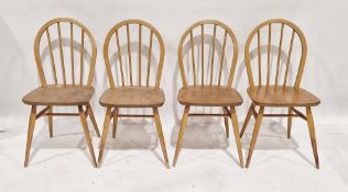 Set of four Ercol model 400 ‘Utility’ design chairs, elm seats, beech hoop, spindle backs, and