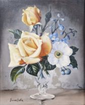 James Noble (British 1919-1989) Oil on canvas "Yellow and White Roses", signed lower left, framed,