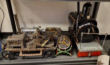 Meccano model steam engine, black painted, a Meccano open-topped car and other pieces of Meccano