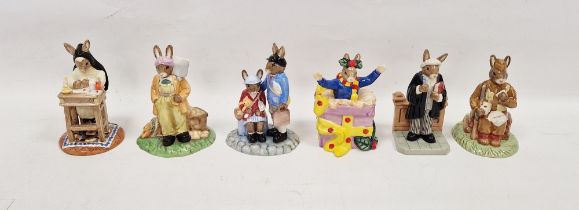 Collection of six Royal Doulton Bunnykins figures including 'Land Girl' from the WWII series, '