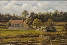 20th century school Oil on canvas Rural scene with view of farm buildings and cottage, unsigned,